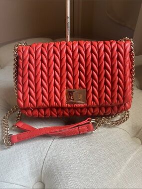 INC International Concepts Quilted Braided Coral Chain Shoulder Crossbody Bag